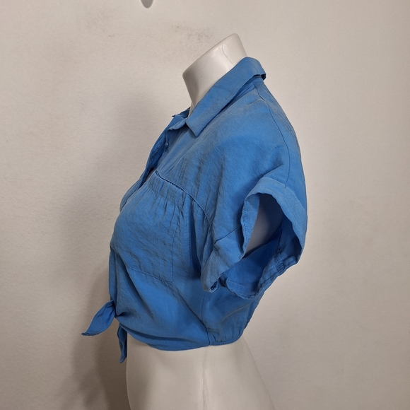 Zara Girls Blue Short Sleeve Tie Front Button Front Blouse Size 10 - Picture 8 of 11